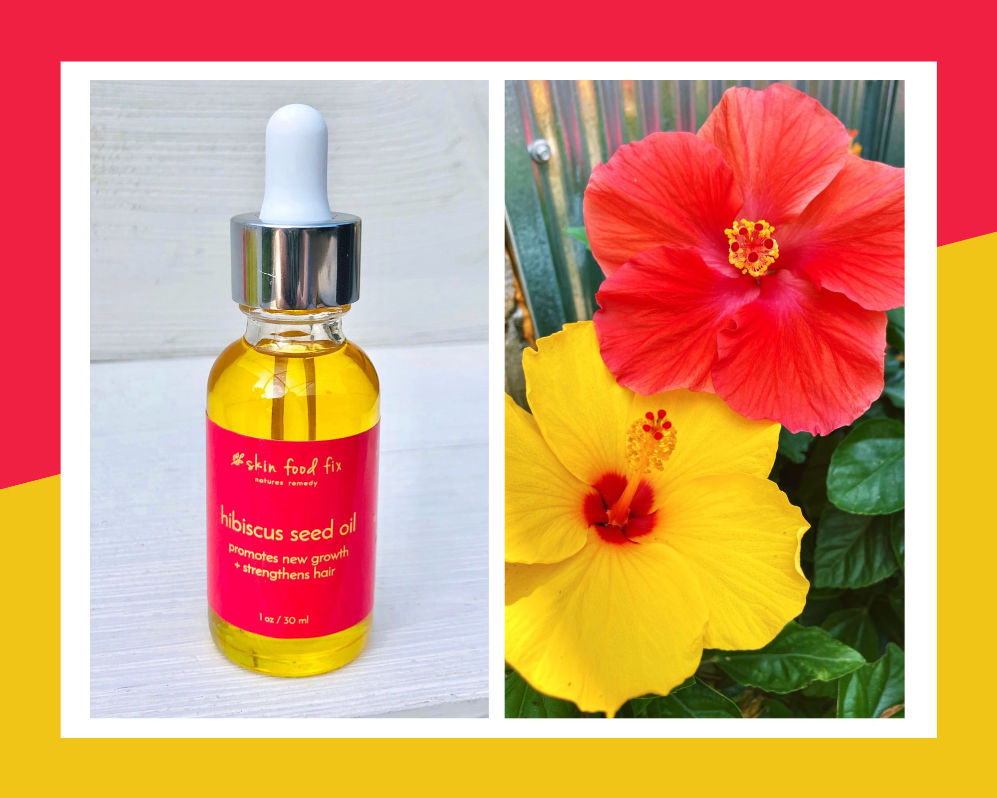 pink and yellow hibiscus flowers with hair growth oil bottle