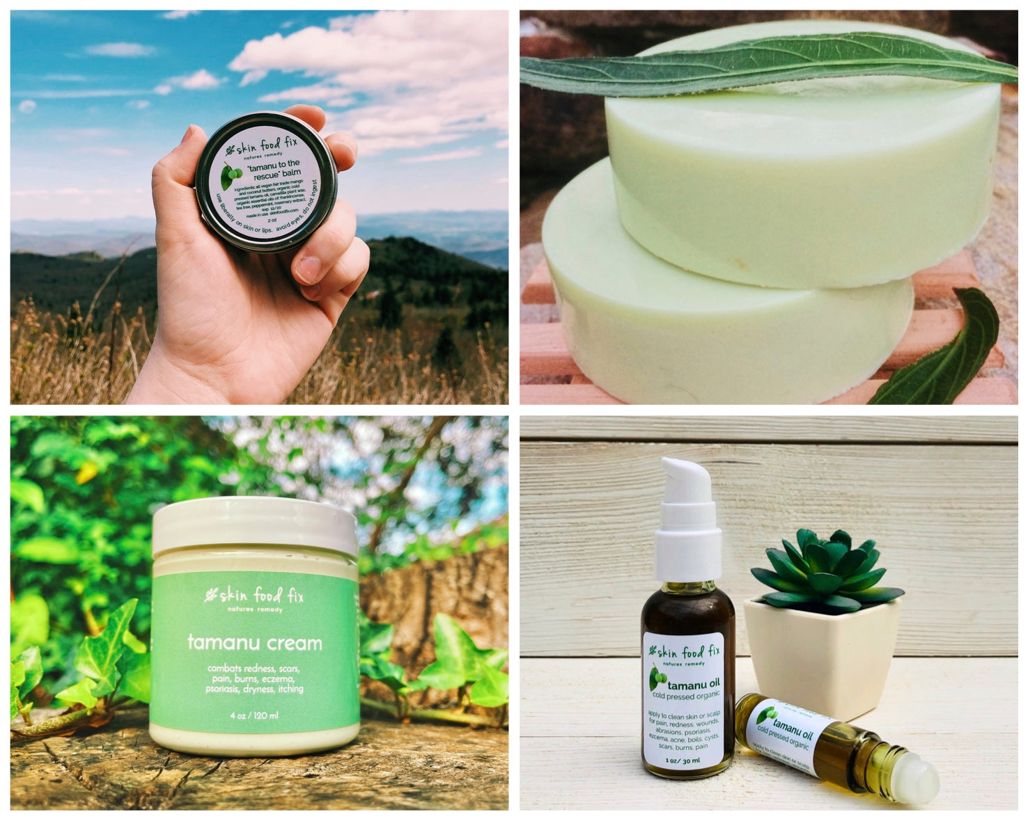 collage of tamanu oil skincare products