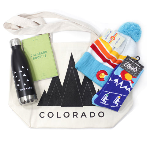 Colorado Starter Pack Gift | Tote with Beanie, Ski Socks, Guidebook, Water Bottles