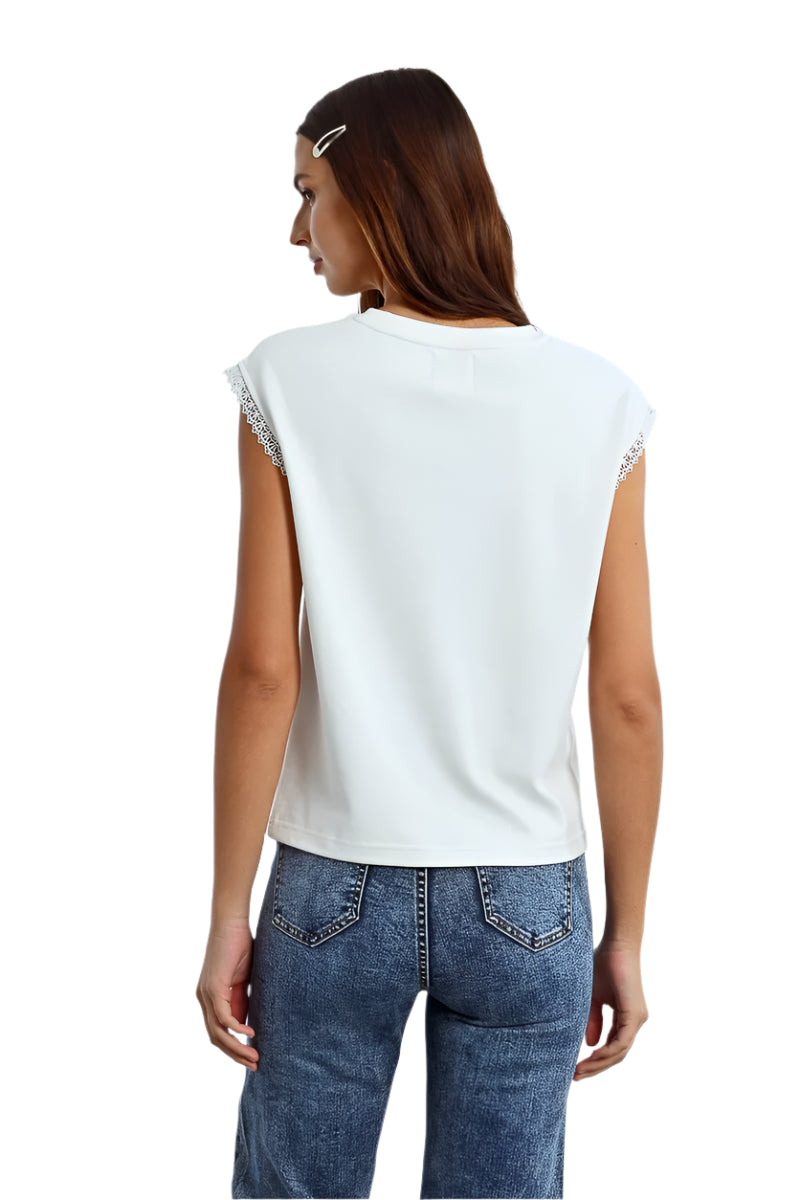 Molly Bracken Sparkly Tee with Lace Detailing in White or Pink