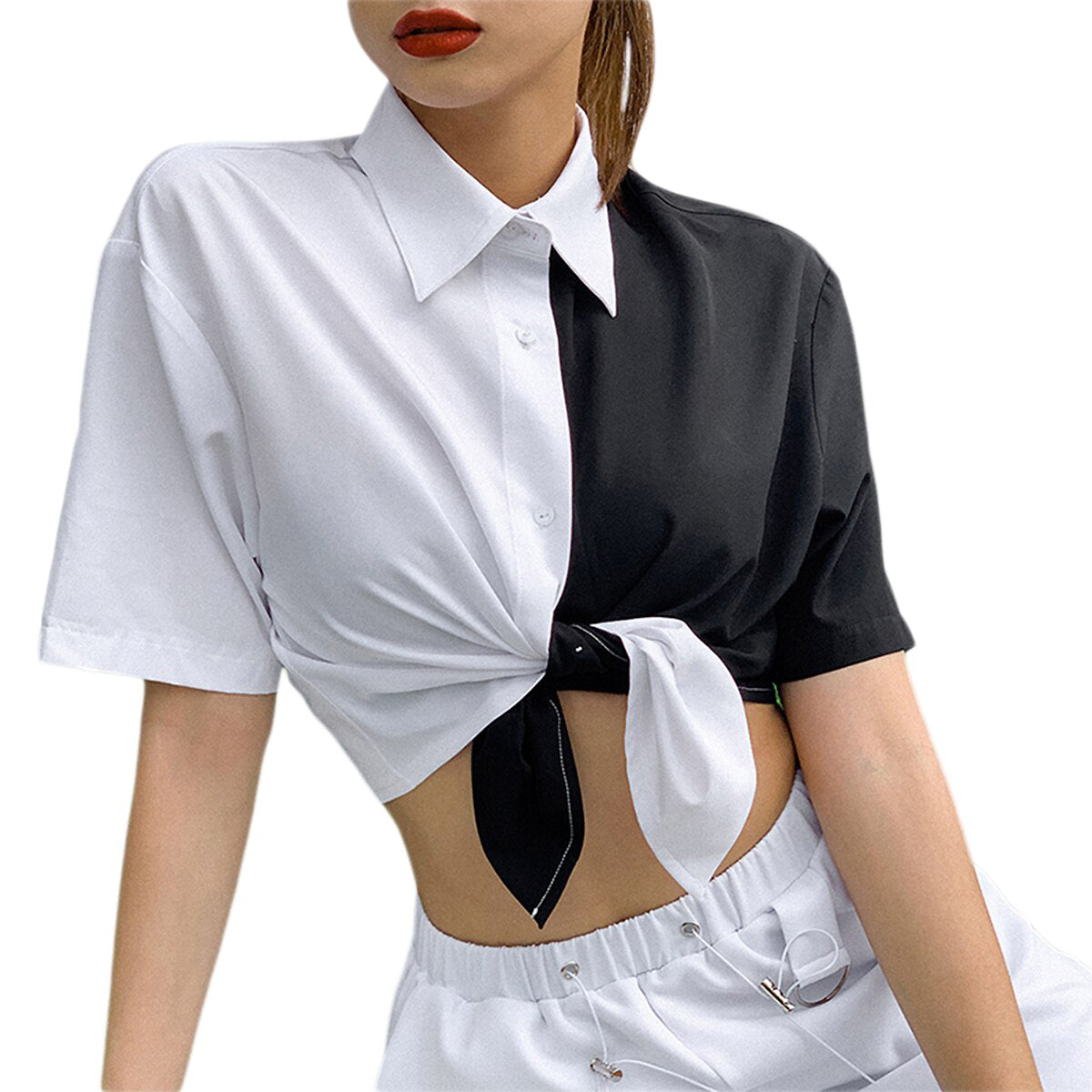 Women S Cropped Half Black Half White Dual Tone Shirt Black And White Goth Shirt Contrast Two Tone Top Clothing Women S Clothing Vigzer Co Il