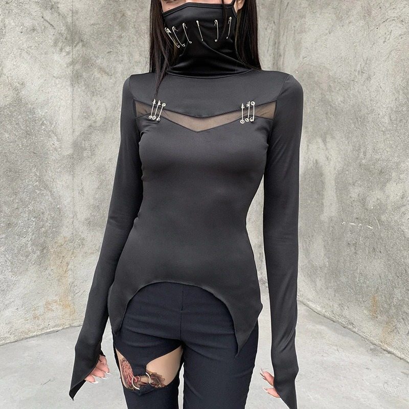 Black Women's T-Shirt in Gothic Style / Long Sleeve T-Shirt with Mask ...