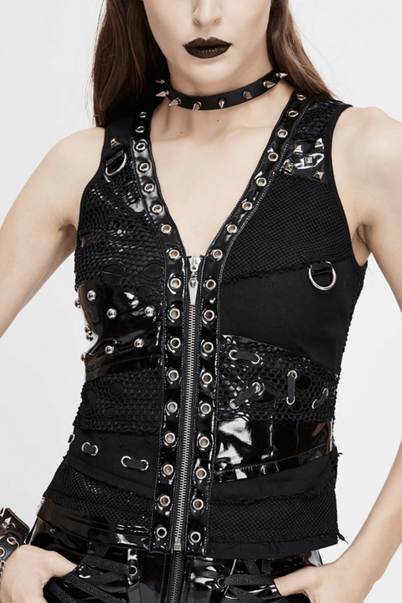 Fashion Black V Neck Waistcoat with Rivets / Women's Punk Style Sleeveless Zipper Waistcoat