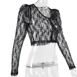 Fashion Sexy Lace See Through Top for Women / Aesthetic Button Long Sleeve Crop Top