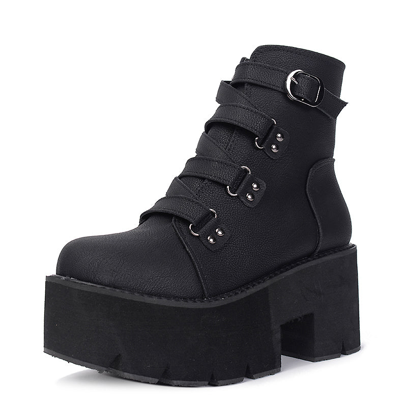 Goth Boots Women Platform Ankle Rubber Sole Buckle Black PU Punk Rock ...