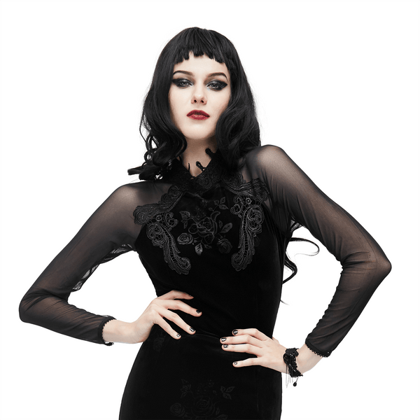 Gothic Black Velvet Top with Embroidery / Long Mesh Sleeve Top With ...