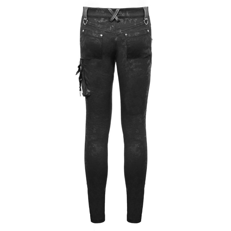 Men's Faux Leather Zipper Trousers With Pockets / Asymmetric Rivets Spliced Pants in Punk Style
