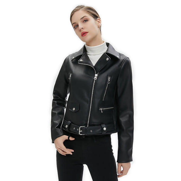 Women Faux Leather Jacket With Belt / Biker Jackets in Classic Rock ...