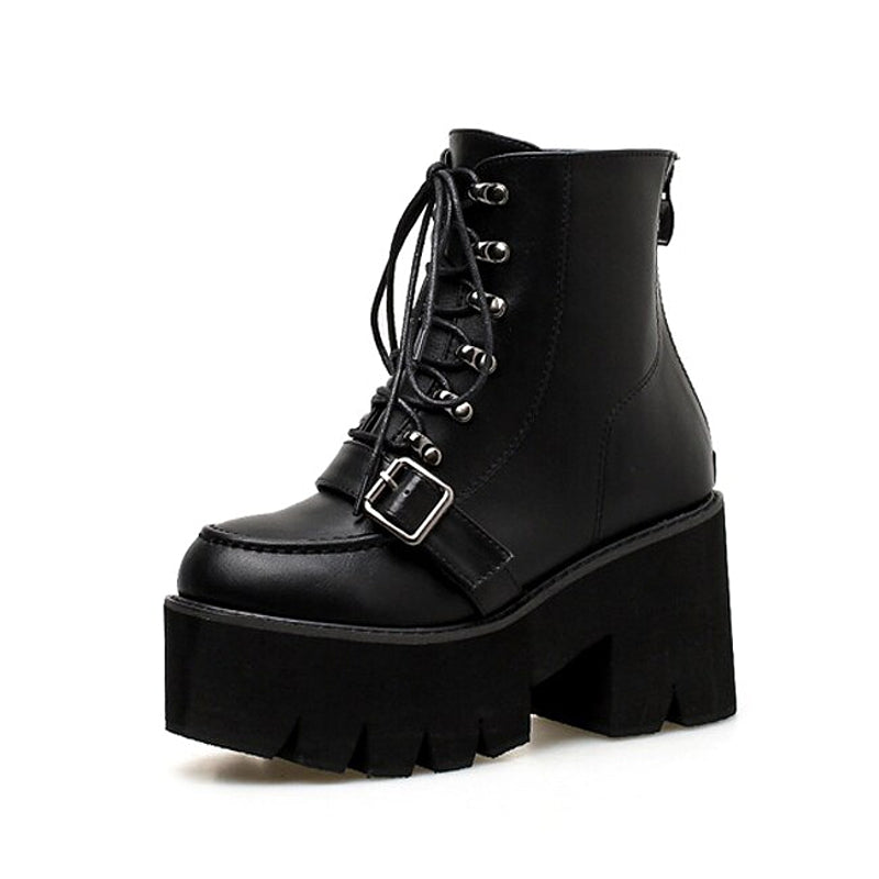 Women Lace-Up Cross-tie Platform Boots / Black Goth High Heel Round Toe ...