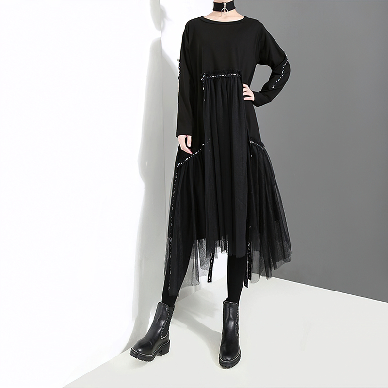 Women's Black Loose Midi Dress With Long Sleeves And Overlay Tapes ...