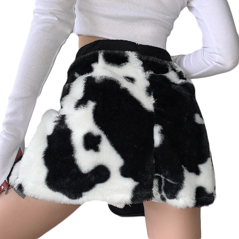 fuzzy cow print skirt