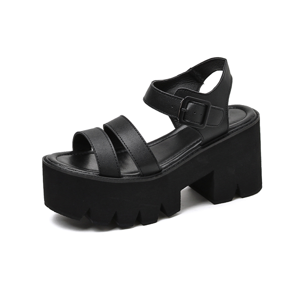 Women's PU Leather Black Platform Sandals With Buckles / Fashion High ...