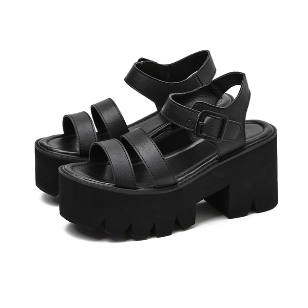 Women's PU Leather Black Platform Sandals With Buckles / Fashion High ...