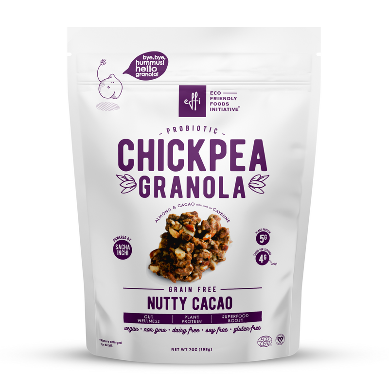 chickpea legume granola probiotics gut friendly low sugar vegan almonds cacao cayenne sunflower seed butter savings plant-based gluten-free organic eco-friendly sustainable prebiotics