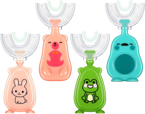 Four u shaped colorful toothbrushes for kids with cute animals printed on the handles.