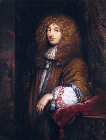 An old oil painting full length image of Christiaan Huygens who was a was a gifted mathematician and scientist.