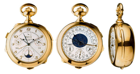 A collage of 3 images showing the Henry Graves Jr. Supercomplication pocket watch at different angles. The watch is made by Patek Philippe.