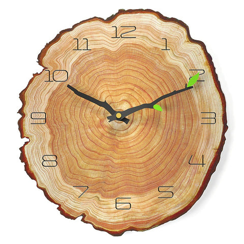 A clock that is made out of a slice of wood complete with age rings within the wood slice. There are 2 black hands on the clock and each hand has a tiny green leaf on it. The clock reads 10 past 10 and is on a white background.