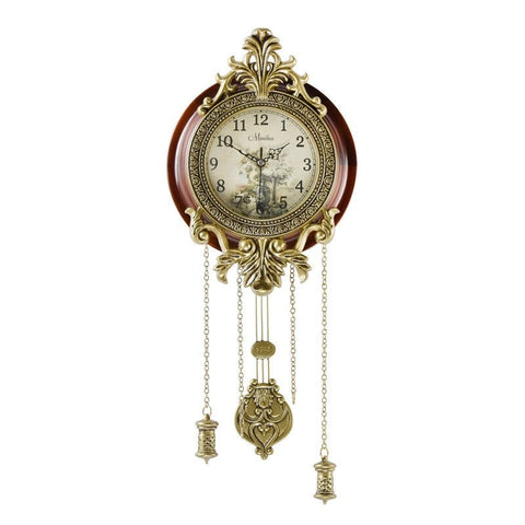 A beautiful antique-style wall clock complete with pendulum and weights. The clock is an ornate design with maroon and gold colors throughout. The clock is on a white background and reads 10:10