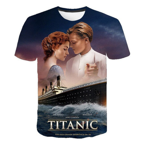 A Titanic movie t-shirt. The t-shirt features Jack and Rose and an image of the Titanic.