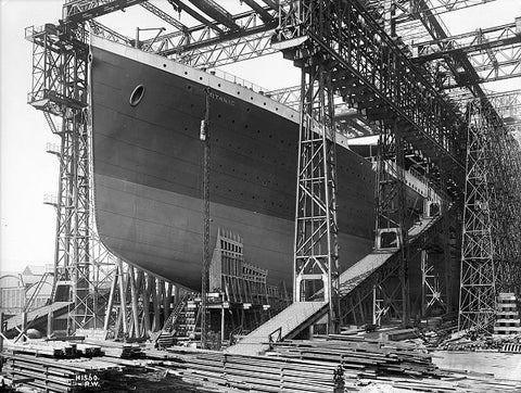 Titanic's bow as it was being constructed in the shipyard in the early 1900's.