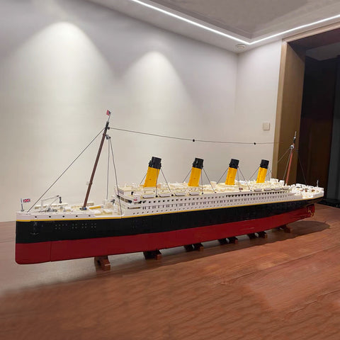 A fully built and complete 9090-piece Lego model kit of Titanic.