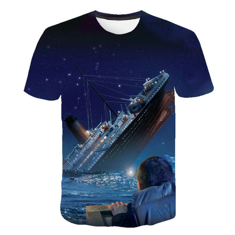 A Titanic movie t-shirt. The t-shirt features Titanic with its stern in the air as its slowing sinking in the Atlantic.