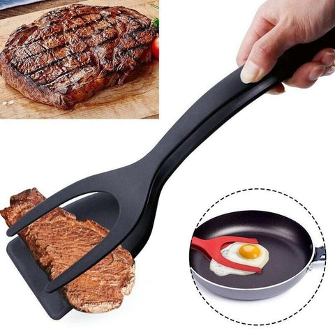 An egg flipper tool holding a cooked steak with another insert image of a fully cooked steak and a fried egg.