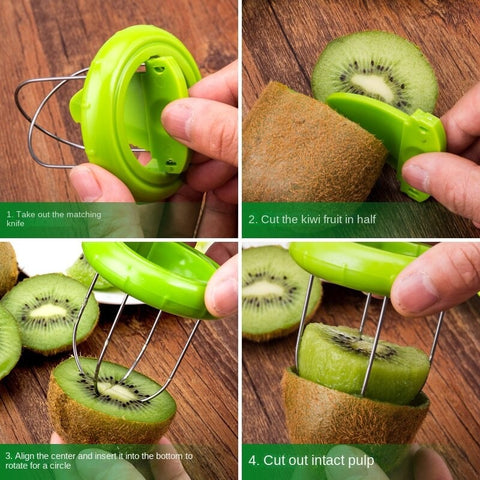 Four step instructions on how to use the kiwi fruit cutter showing the gadget in use on a kiwi fruit itself.