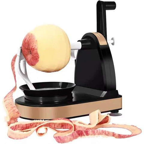 A half peeled apple in a rotary apple peeler which peels apple quickly.