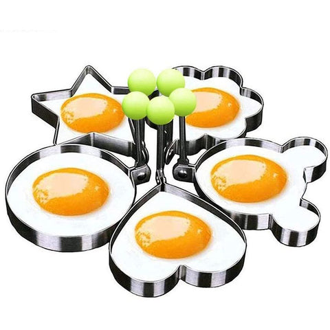A five piece stainless steel set of molds used for frying eggs in different shapes including, circle, star, flower, heart and Mickey Mouse.