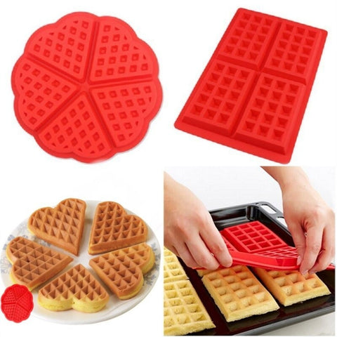 One red circular and one red rectangular shaped waffle molds. There are also cooked waffles showing how the waffles look after cooking.