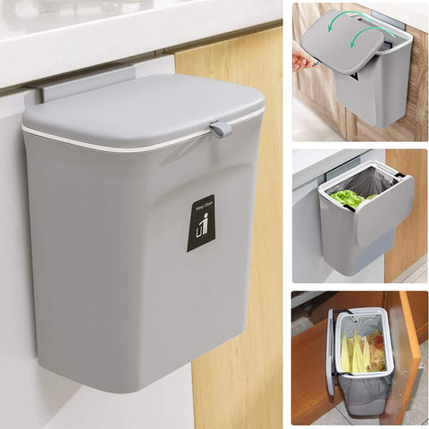 A compact grey trash can which is attached to the outside of a kitchen cupboard door. There are 3 other images showing the trash can in use.