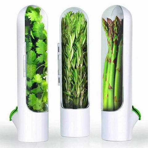 Three herb saver and keeper gadgets shown at different angles. The herb keepers are all filled with fresh herbs.