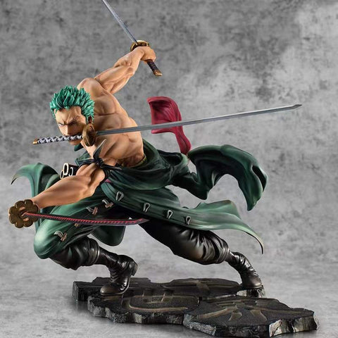 A Roronoa Zoro figurine in an action pose