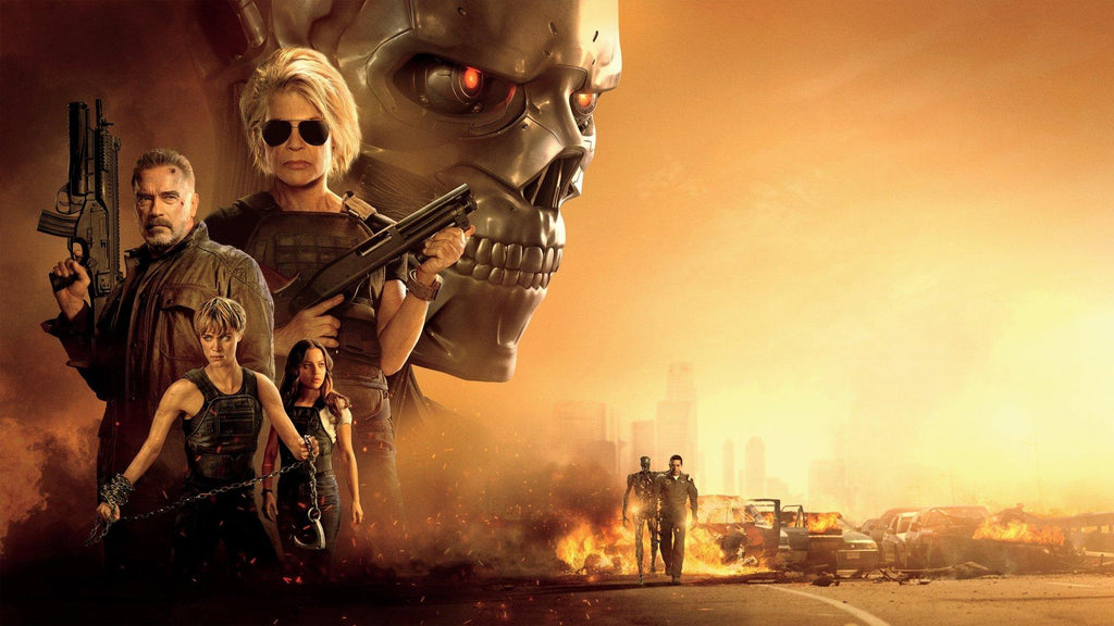 Various characters from The Terminator movies against an apocalyptic background.