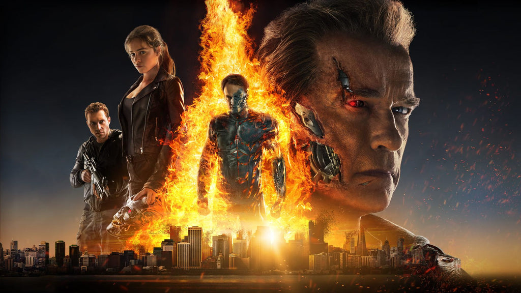 Four characters from the Terminator movie franchise with flames and a city skyline in the background.