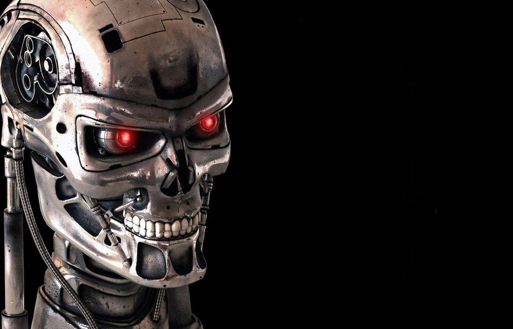 The exposed metal skull of The T-800 Terminator head against a black background.