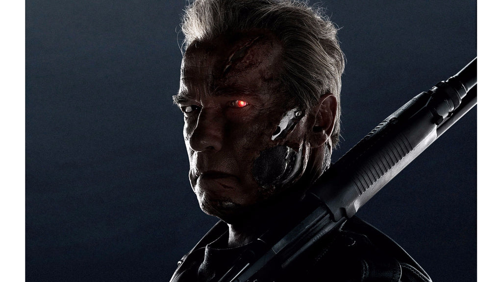 Arnold Schwarzenegger as the T-800 from The Terminator complete with one glowing red eye.