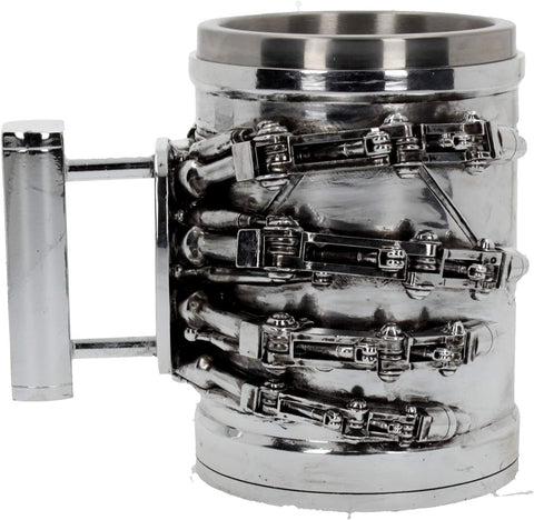 A Nemesis Now Terminator 2 Tankard with with a highly-detailed robotic hand design as the handle.