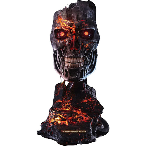 A Terminator 2 T-800 battle damaged resin statue with glowing eyes.