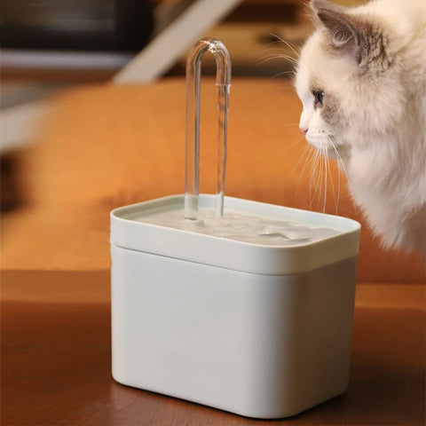 A rag doll cat about to drink flowing water from a square white cat water fountain.