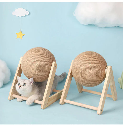 Two cat scratcher ball spinners with a grey and white kitten hiding underneath one. The spinner allows cats to sharpen their claws on it.