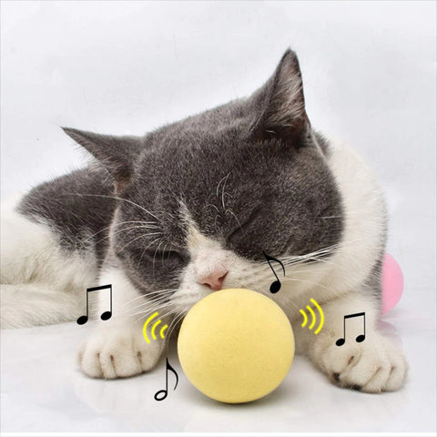 A grey and white cat sniffing a yellow colored interactive smart cat ball with black musical notes drawn around the ball