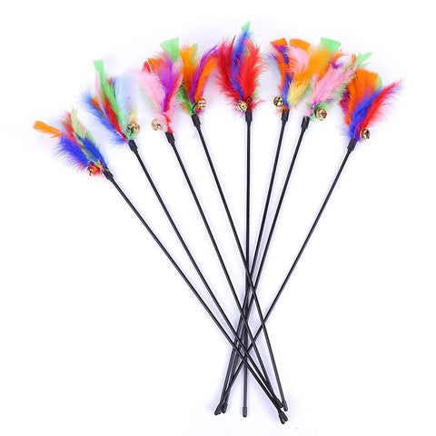 Eight cat feather sticks. Each stick features a long black stick with rainbow colored feathers at the end of it designed as a cat toy.