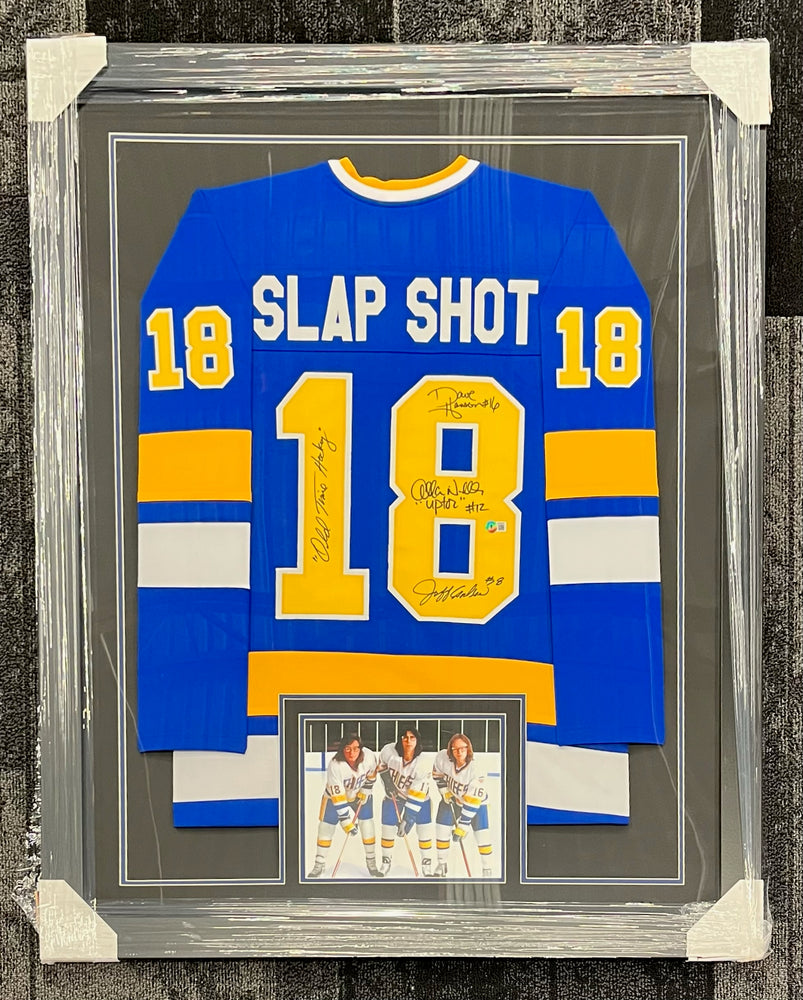 Slap Shot Cast Signed & Professionally Framed Custom Blue Jersey