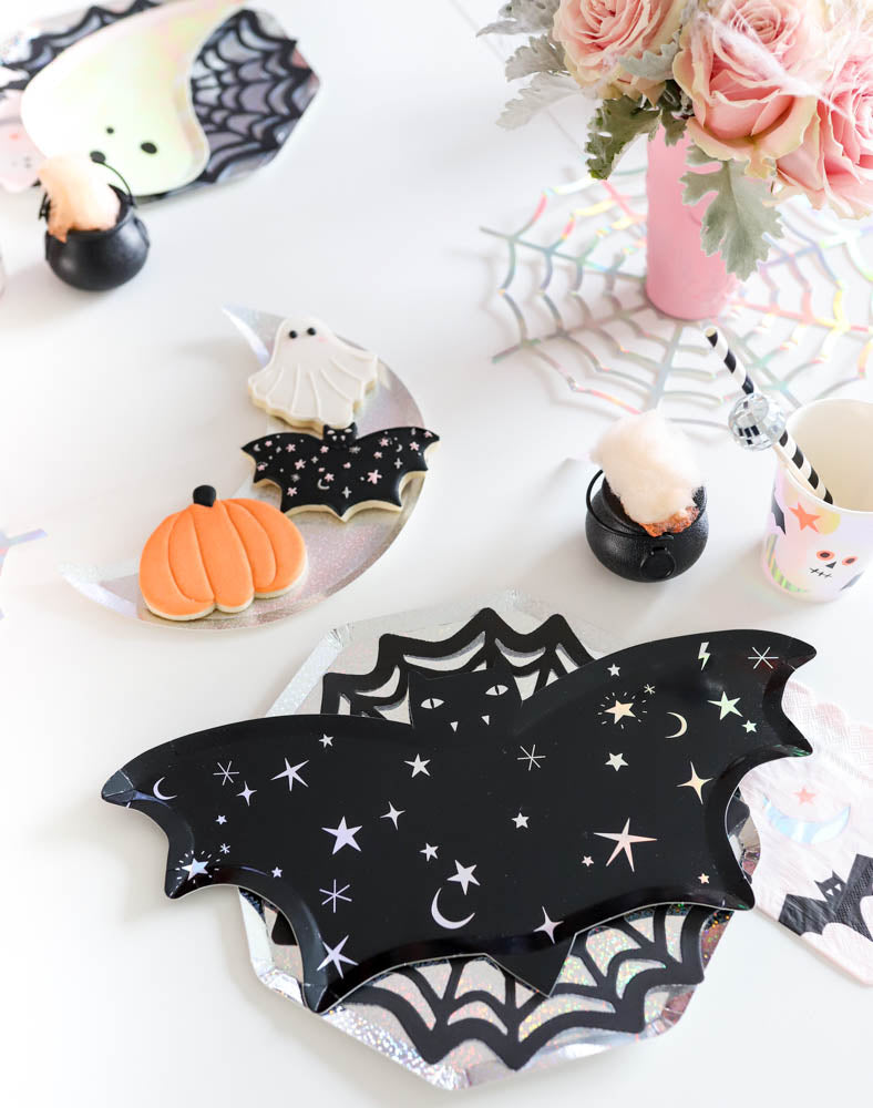 Table setting A Little Confetti Blog Covid Halloween Spooktacular Meri Meri Sparkle Bat Plates