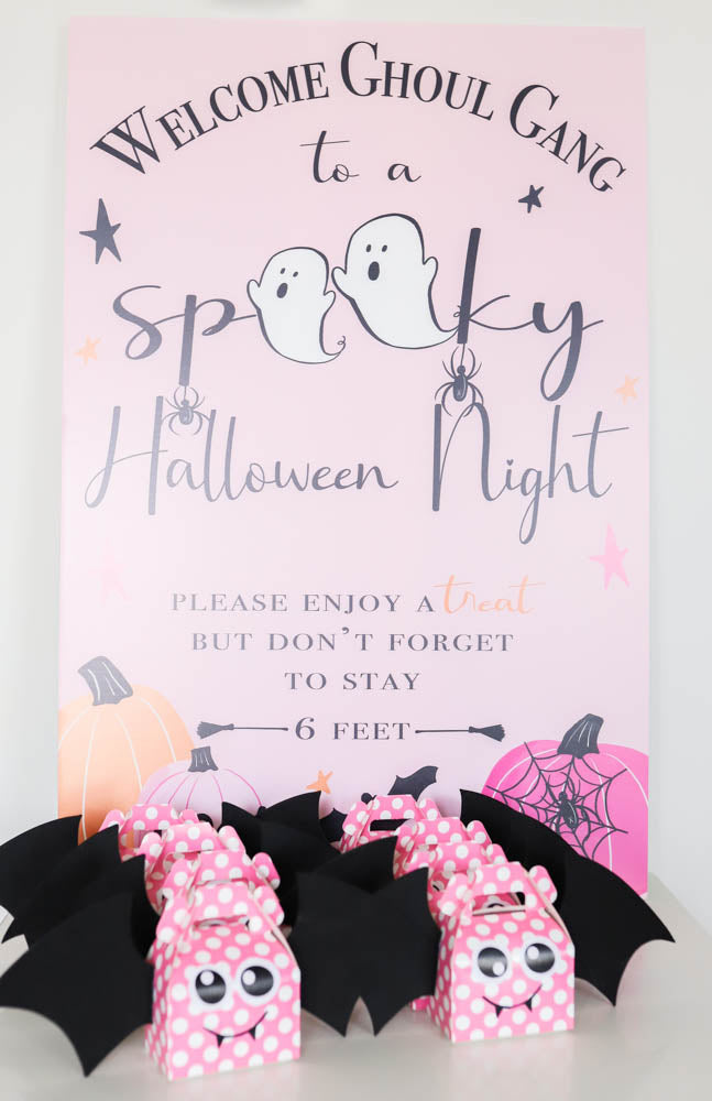 Holly Loves Paper Covid Pink Halloween Night Sign and pink polka dot bat treat boxes 