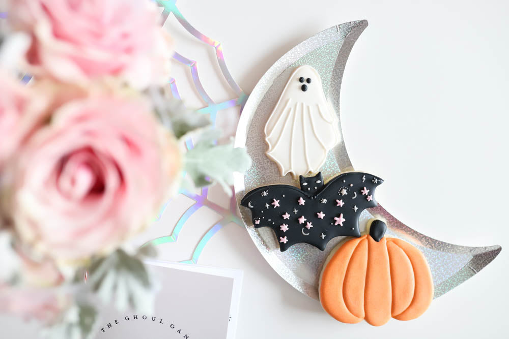 Sugarbakers Cookie Co Covid Halloween Spooktacular Cookies, sparkle bat cookie, ghost cookie, pumpkin cookie A Little Confetti Party Blog