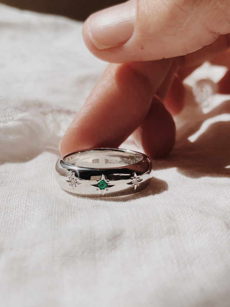 RUUSK personalised ring with diamonds and emerald. Handmade rings in Australia